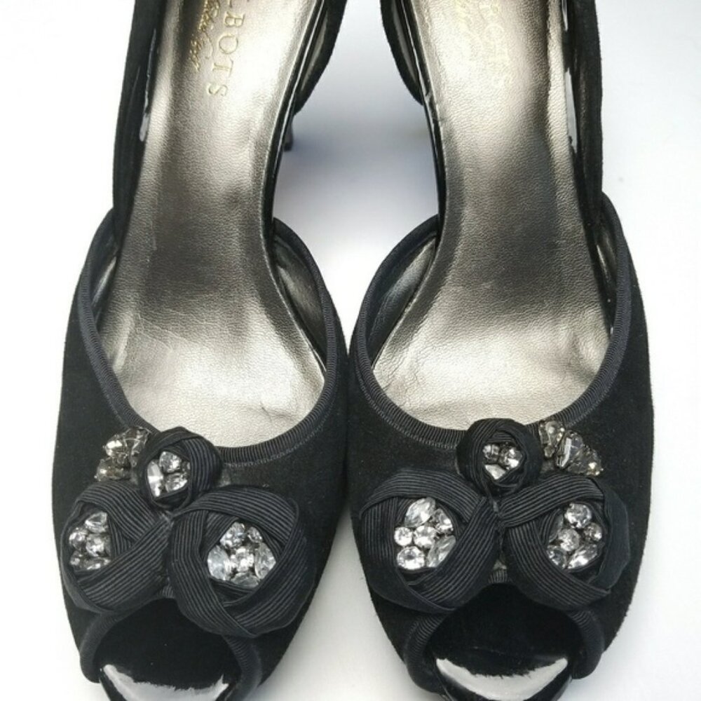 Talbot Black Suede Heels Black Beaded Peep Toe Excellent Condition New Size 9